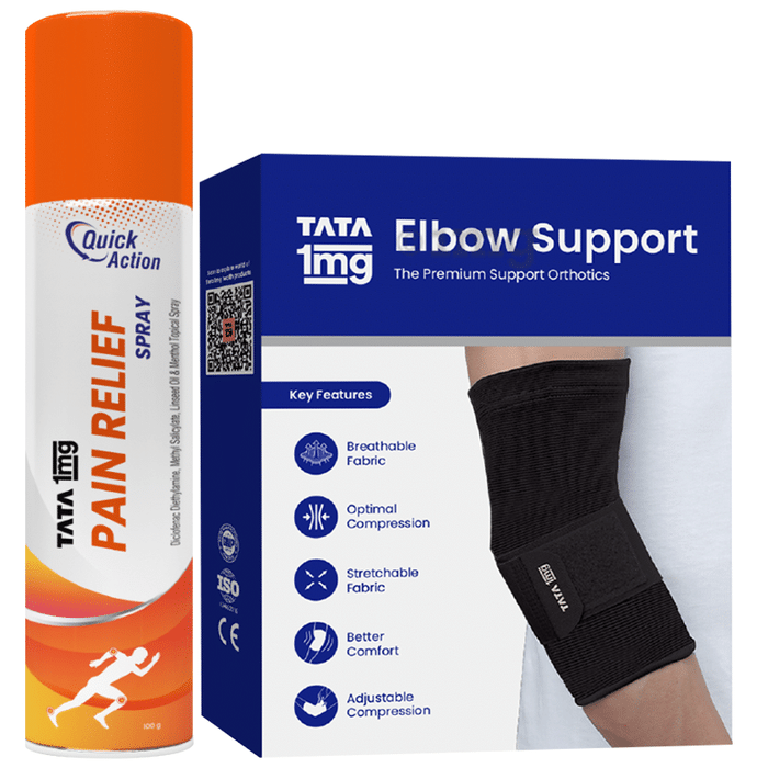 Combo Pack of Tata 1mg Elbow Support Large & Tata 1mg Pain Relief Spray (100gm)