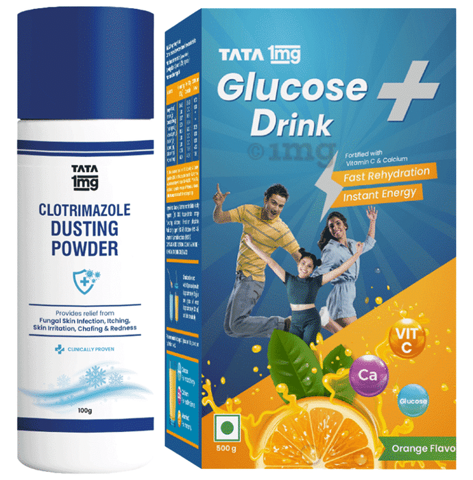 Combo Pack of Tata 1mg Glucose + Drink for Instant Energy Orange (500gm) & Tata 1mg Antifungal Dusting Powder (100gm)