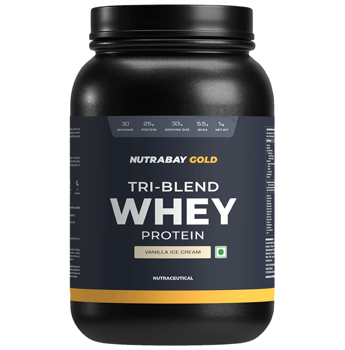 Nutrabay Gold Tri-Blend Whey Protein for Muscle Recovery & Immunity | No Added Sugar | Flavour Vanilla Icecream