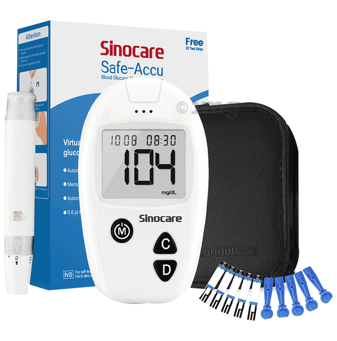 Sinocare Safe-Accu Blood Glucose Monitoring System with 25 Strips, Lancing Device & 10 Lancets