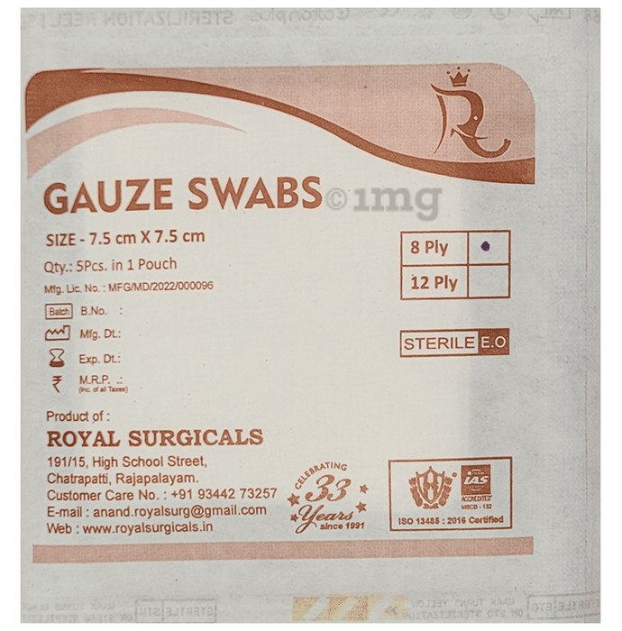 Royal Surgicals Gauze Swabs Sterile (5 Each) 7.5cm x 7.5cm x 8ply