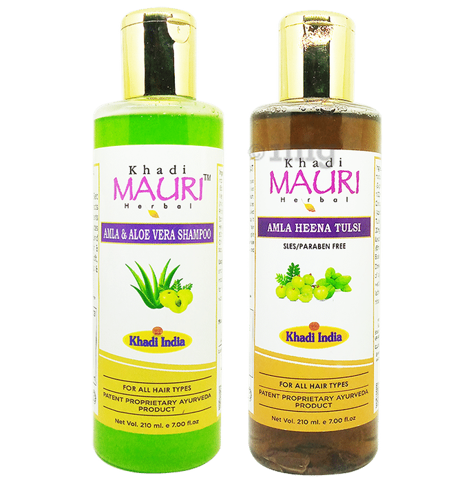 Khadi Mauri Herbal Combo Pack of Amla Aloe Vera & Amla Henna Tulsi Shampoo (210ml Each)