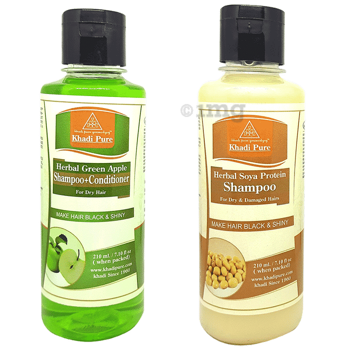 Khadi Pure Combo Pack of Herbal Green Apple Shampoo + Conditioner & Herbal Soya Protein Shampoo (210ml Each)