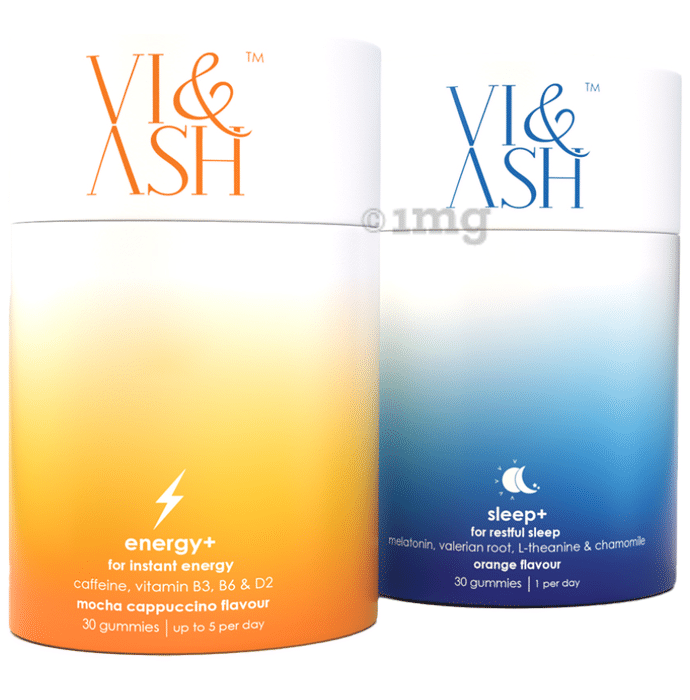 Vi & Ash Combo Pack of Energy+ Mocha Cappuccino & Sleep+ Orange Gummies (30 Each)