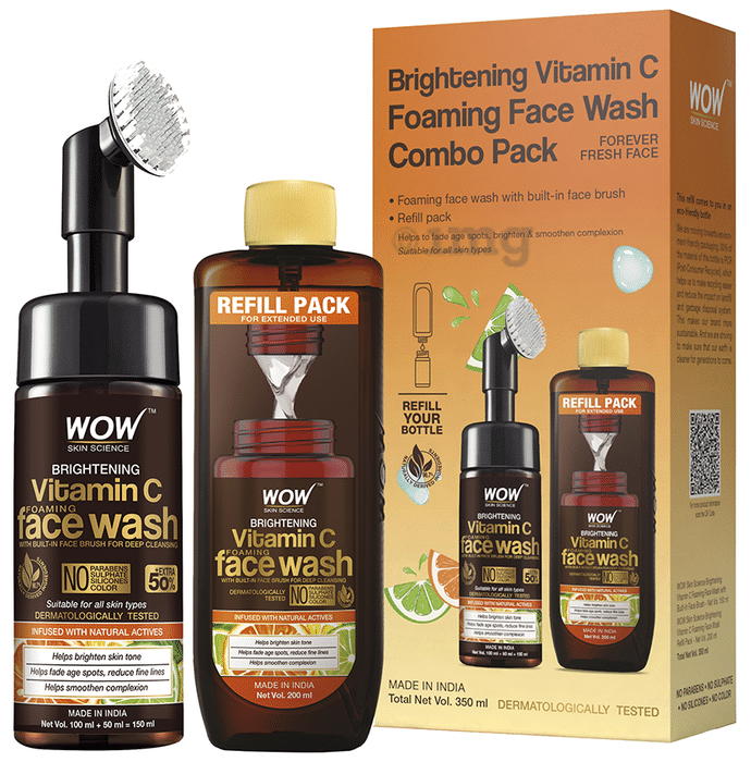 WOW Skin Science Combo Pack of Brightening Vitamin C Foaming Face Wash 150ml with Refill Pack 200ml with Built-In Face Brush