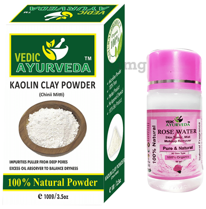 Vedic Ayurveda Combo Pack of Kaolin Clay powder (100gm) with Rose water (60ml)