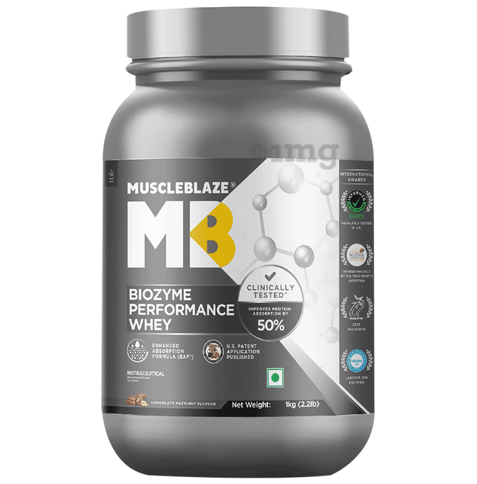 MuscleBlaze Biozyme Performance Whey Protein | For Muscle Gain | Improves Protein Absorption by 50% | Flavour Powder Chocolate Hazelnut