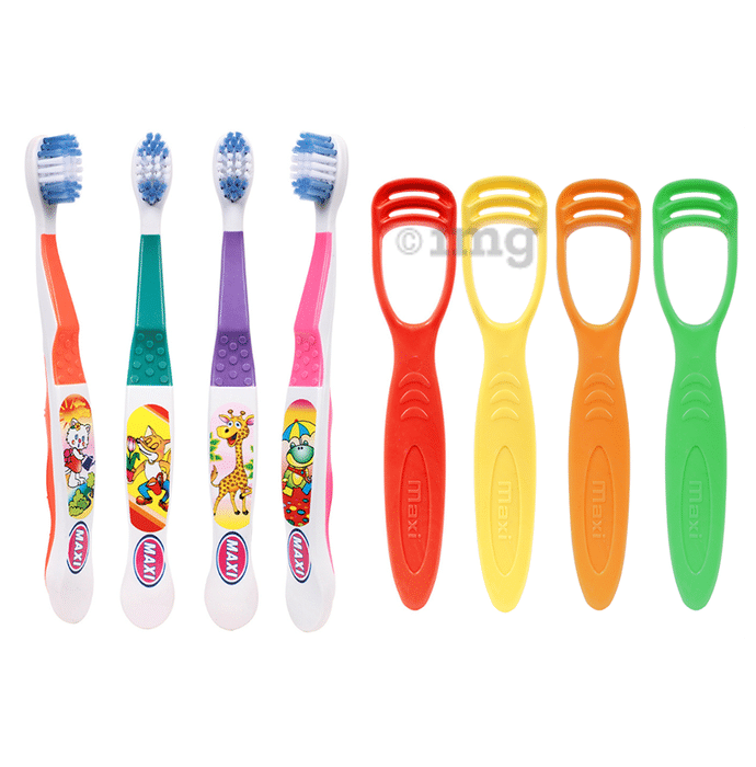 Maxi Oral Care Junior Pack of 4 Kids Dolls Junior Toothbrush & 4 Tongue Cleaner 1 Number