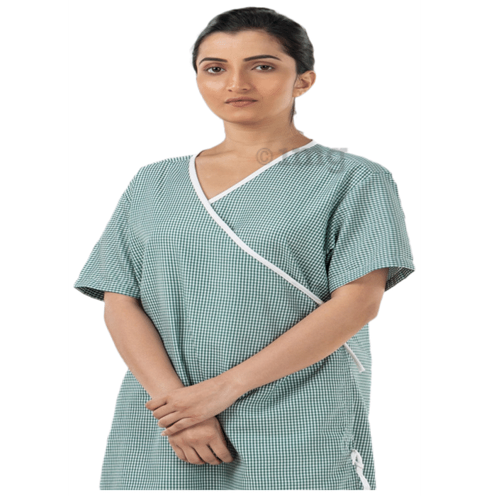 Agarwals Unisex Patient Gown Front Open Overlap Green Checks Large