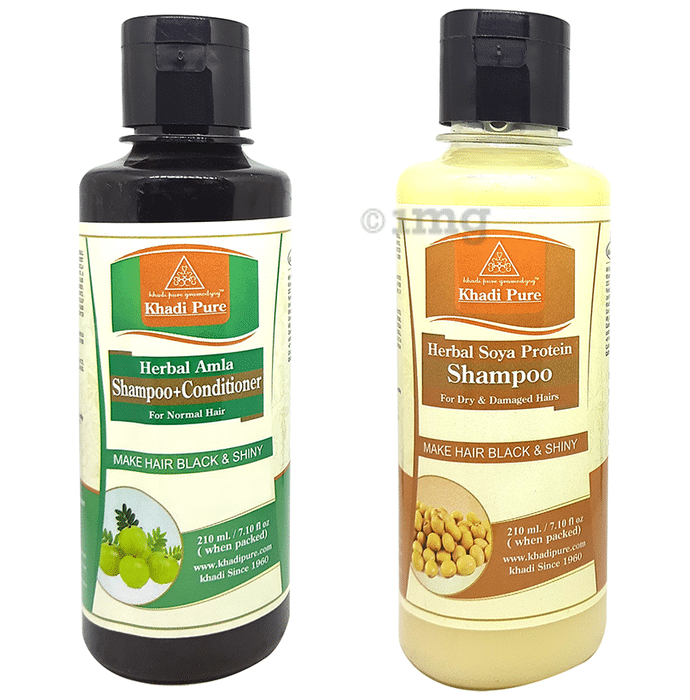 Khadi Pure Combo Pack of Herbal Amla Shampoo+Conditioner & Herbal Soya Protein Shampoo (210ml Each)