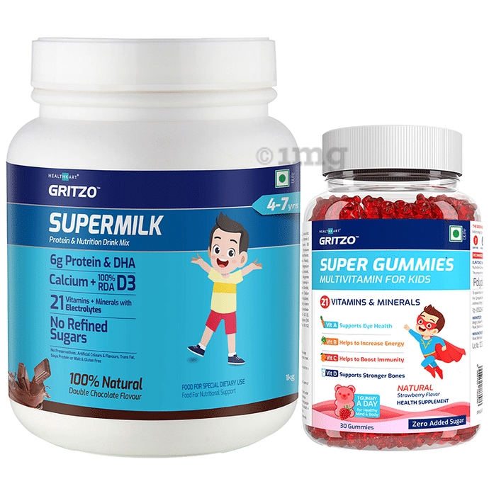 Gritzo Combo Pack of Supermilk 4-7 Years Double Chocolate Flavour (1kg) and Super Gummies Multivitamins for Kids Natural Strawberry Flavour (30)
