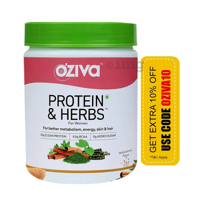 Oziva Protein & Herbs Whey Protein | For Metabolism, Energy, Skin & Hair | For Women| Flavour Vanilla Almond