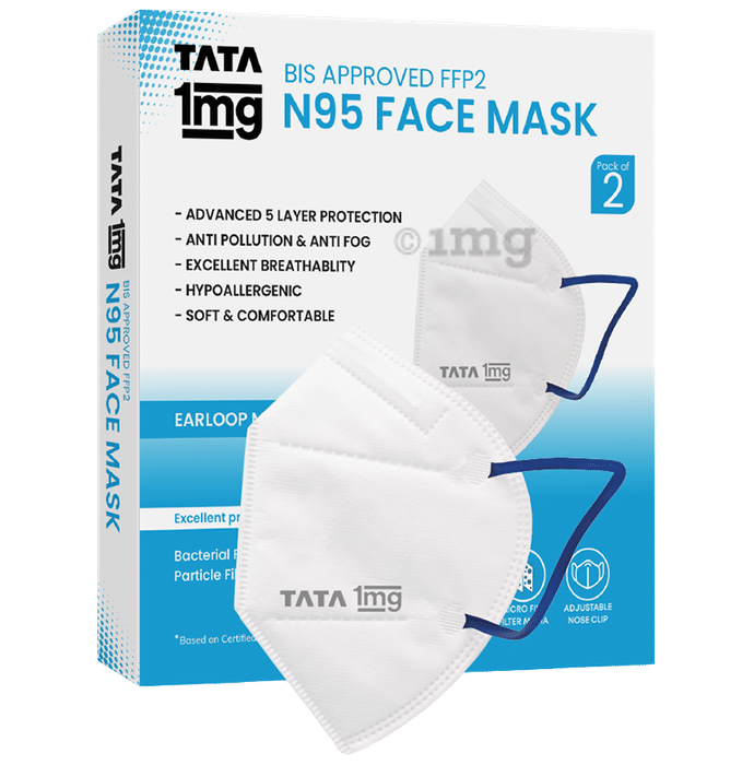 Tata 1mg BIS Approved FFP2 N95 Mask White - Ear Loop, Premium Face Mask 5 Layer