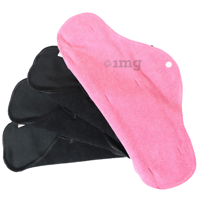 Safepad Reusable & Antimicrobial Sanitary Pad, Day Pad (3), Night Pad (1) with Storage Bag 3 Black & 1 Pink