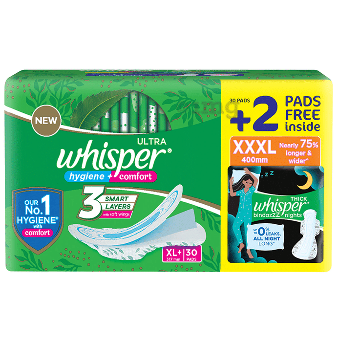 Whisper Ultra Hygiene + Comfort Sanitary Pads XL+ with 2 Whisper Thick Bindazzz Nights Sanitary Pads XXXL Free