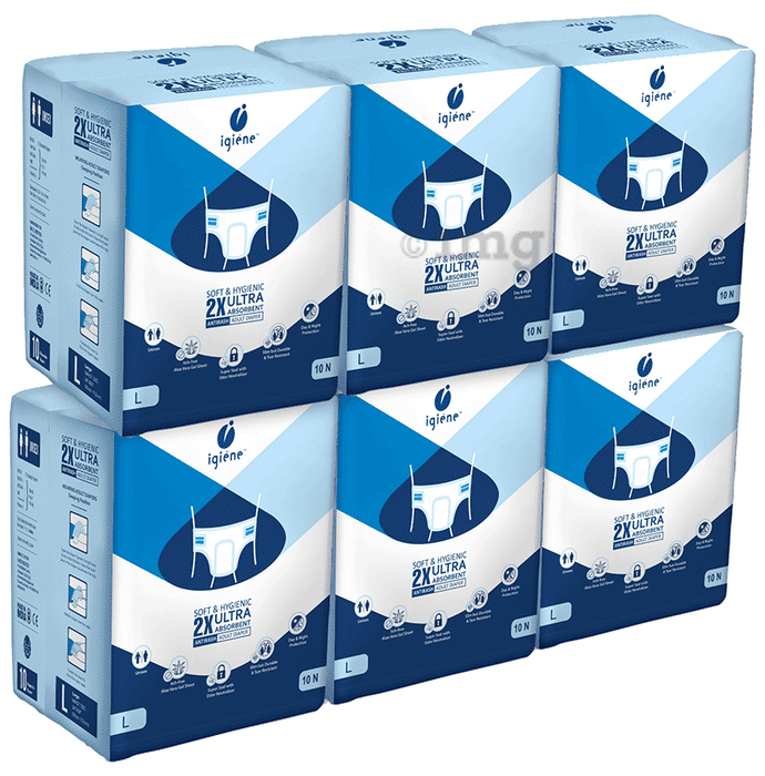 Igiene Soft & Hygienic 2X Ultra Absorbent Antirash Adult Diaper (10 Each) Large
