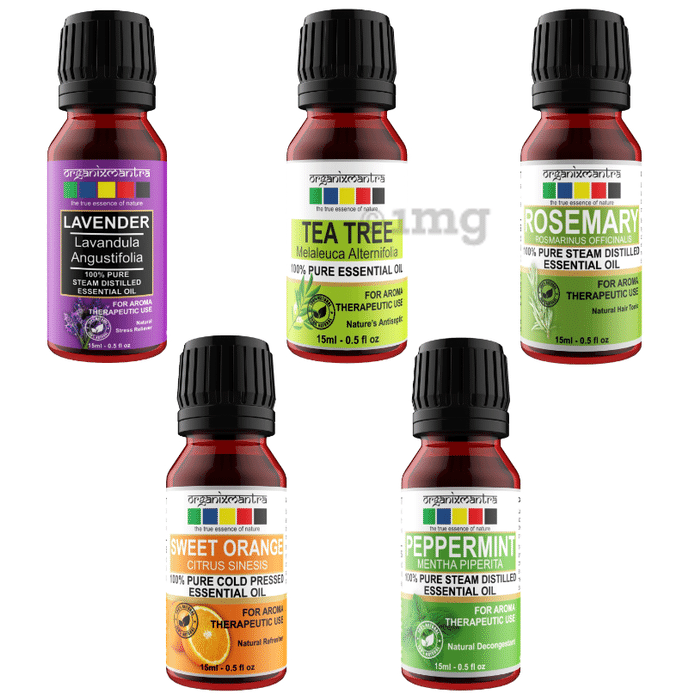 Organix Mantra Combo Pack of Lavender, Tea Tree, Rosemary, Sweet Orange and Peppermint Essential Oil (15ml Each)