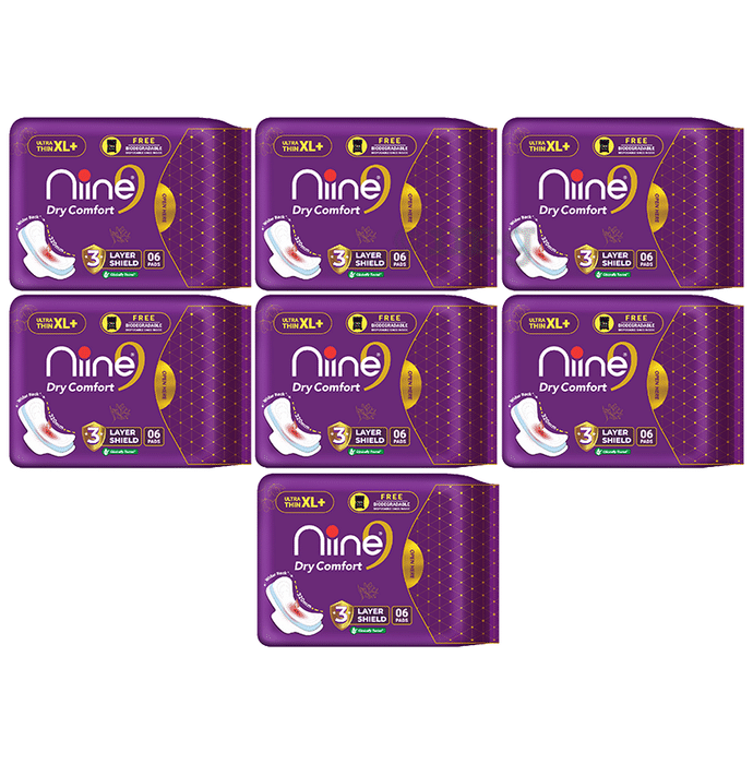 Niine Dry Comfort 3 Layer Shield Ultra Thin Sanitary Pads (6 Each) with Biodegradable Disposable Bags XL+