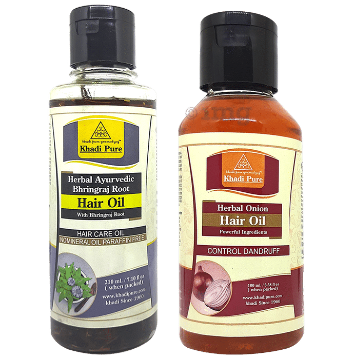 Khadi Pure Combo Pack of Herbal Onion Hair Oil & Herbal Ayurvedic Bhringraj Root Hair Oil No Mineral & Paraffin Free (210ml Each)