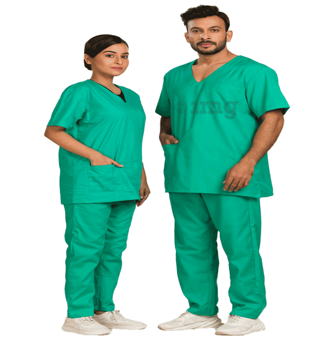Agarwals Unisex Parrot Green V-Neck Scrub Suit Top and Bottom Uniform Ideal Small