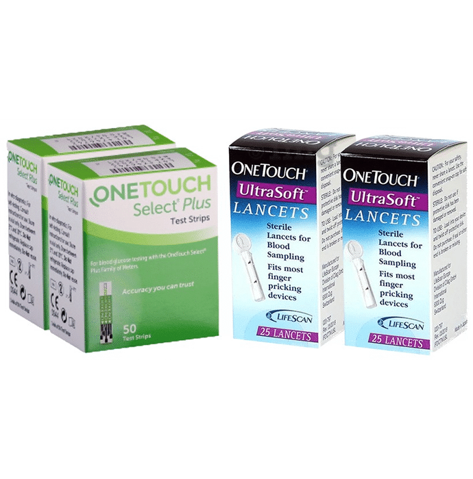 Combo Pack of 2 Boxes of OneTouch Select Plus Test Strip (50 Each) & 2 Boxes of OneTouch Ultrasoft Lancets (25 Each)