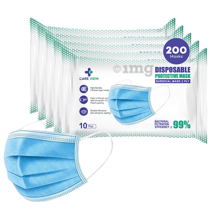Care View 3 Ply Surgical Disposable Protective Mask (10 Each) Blue