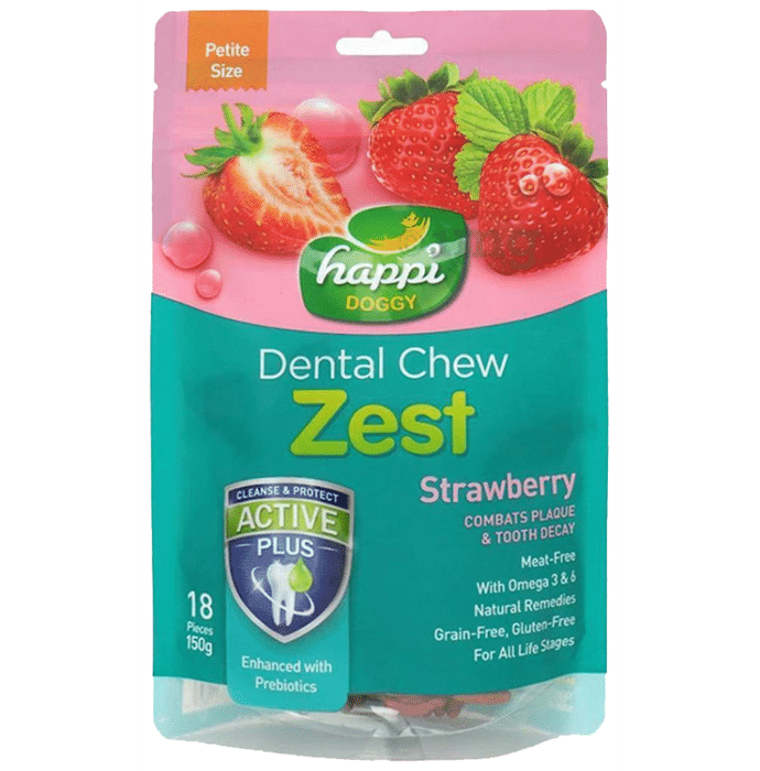 Heads Up For Tails Happi Doggy Dental Chew Zest Combats Plaque & Tooth Decay Petite 2.5 inch Strawberry