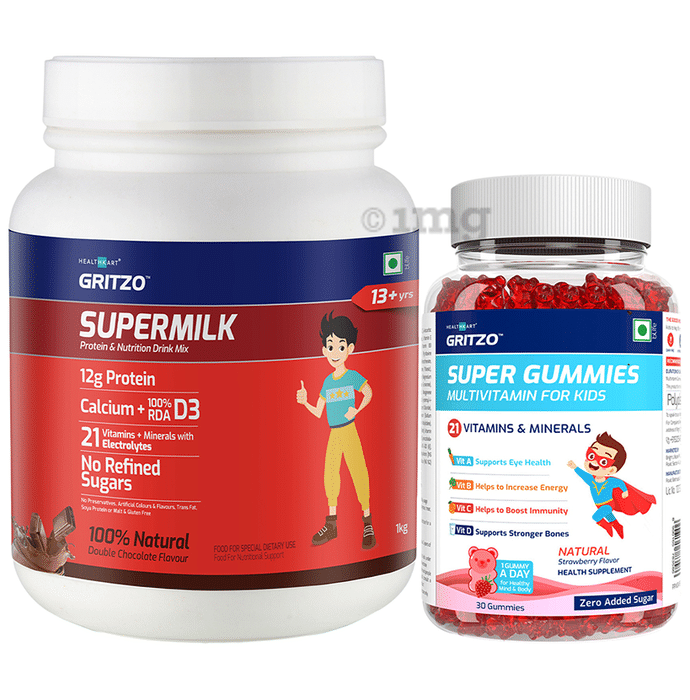 Gritzo Combo Pack of Supermilk 13+Years Double Chocolate Flavour (1kg) and Super Gummies Multivitamins for Kids Natural Strawberry Flavour (30)