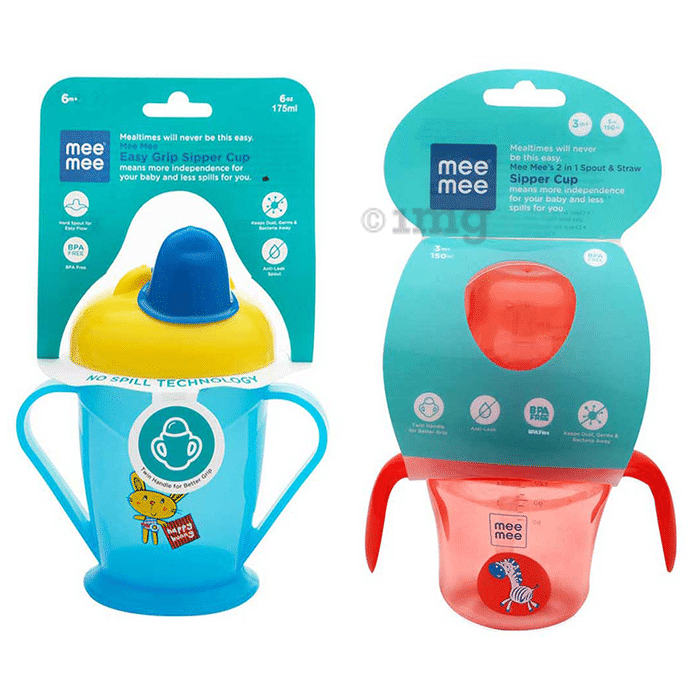 Mee Mee Combo Pack of Easy Grip Sipper Cup with Twin Handle,Blue Color (180ml) & 2 in 1 Spout and Straw Sipper Cup,Red Color (150ml)