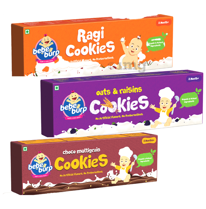 Bebe Burp Combo Pack of 8M+ Cookies (150gm Each) Oats & Raisins, Ragi And Choco Multigrain