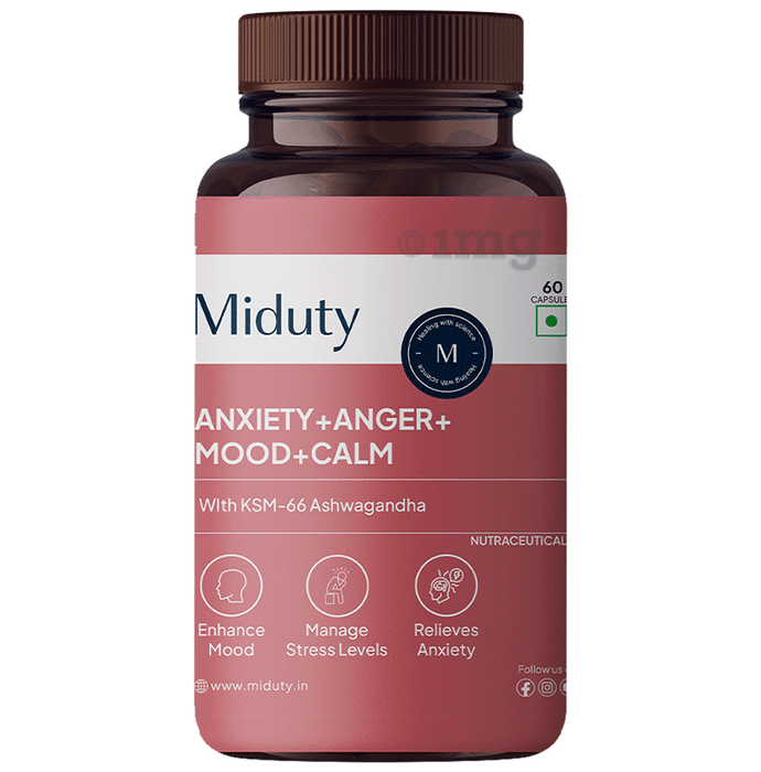 Miduty Anxiety + Anger + Mood + Calm Supplement - KSM-66 Ashwagandha, GABA-Anti Depressant Capsule