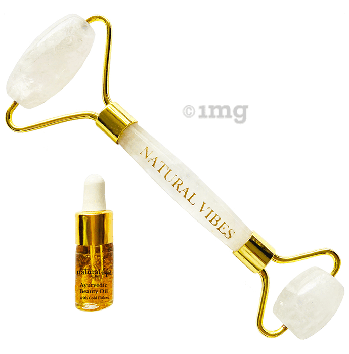 Natural Vibes Crystal Quartz Roller & Massager with Gold Beauty Ellixir Oil 3ml Free