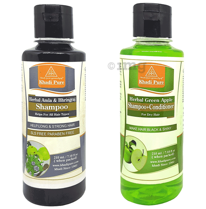 Khadi Pure Combo Pack of Herbal Green Apple Shampoo + Conditioner & Herbal Amla & Bhringraj Shampoo SLS & Paraben Free (210ml Each)