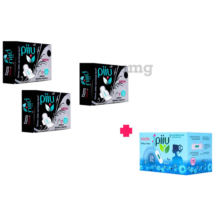Piiu Combo Pack of 3 Anion Sanitary Pads (7 Each) with 2 Panty Liner Free and 25 Panty Liner Large