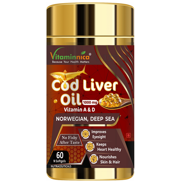 Vitaminnica Cod Liver Oil 1000mg with Vitamin A & D | Softgel for Heart, Skin, Hair & Eyes