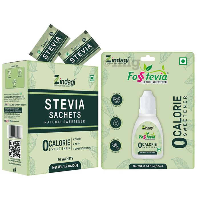 Zindagi Combo Pack of Fosstevia Drops (10ml) and Stevia Sachet (50)