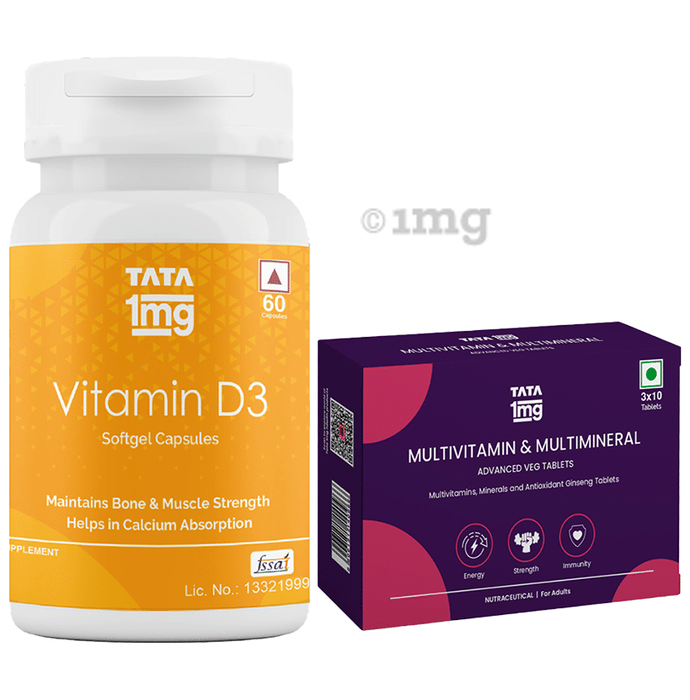 Combo Pack of Tata 1mg Multivitamin Veg Tablet with Multimineral for Immunity, Energy and Daily Wellbeing (30) & Tata 1mg Vitamin D3 Capsule (60)