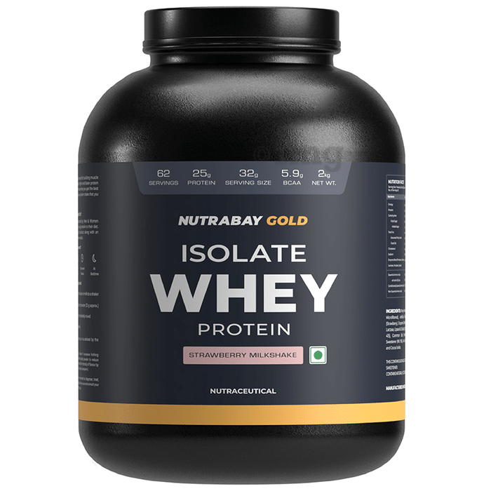 Nutrabay Gold Isolate Whey Protein for Muscles, Recovery, Digestion & Immunity | No Added Sugar | Flavour Strawberry Milkshake