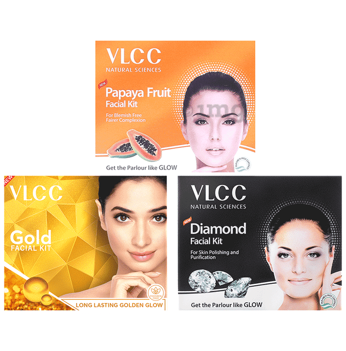 VLCC Diamond Facial Kit, Papaya Fruit Fruit Kit & Gold Facial Kit (60gm Each)