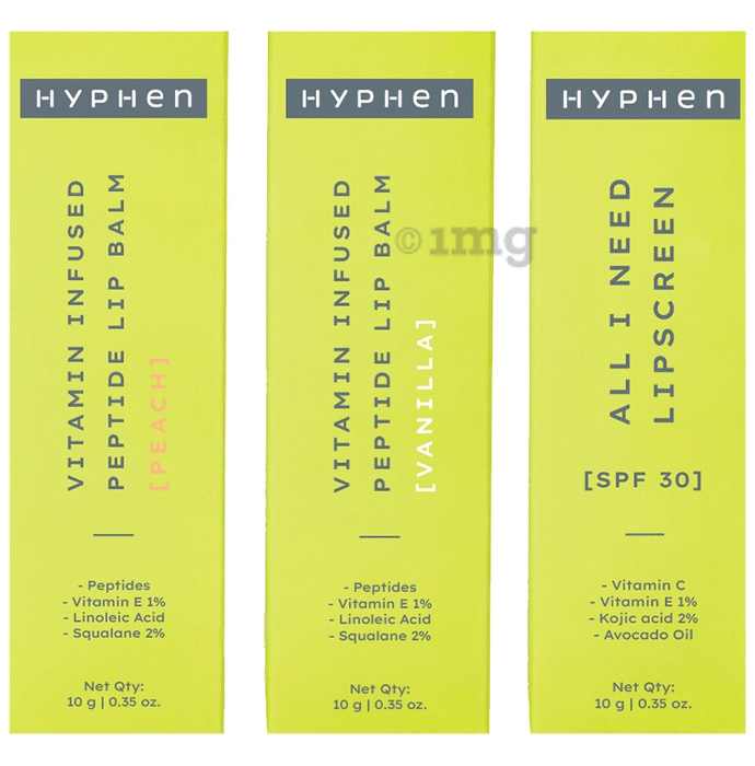 Hyphen Combo Pack of Vitamin Infused Peptide Lip Balm Vanilla and Peach Flavour (10gm Each) & All I Need Sunscreen SPF30 (10gm)