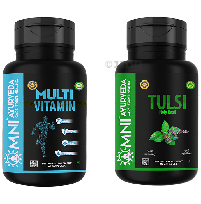 Omni Ayurveda Combo Pack of Multi Vitamin and Tulsi Holy Basil Capsule (60 Each)