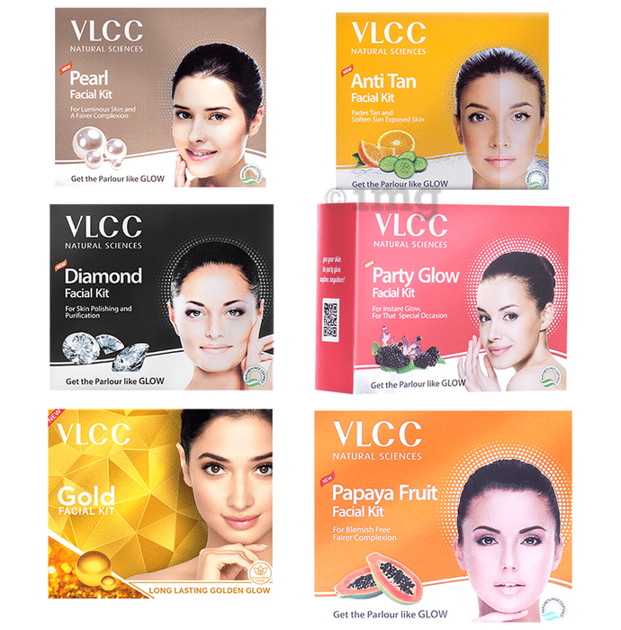 VLCC Combo Pack of Papaya, Pearl, Diamond, Anti-Tan, Gold & Party Glow Facial Kit (60gm)