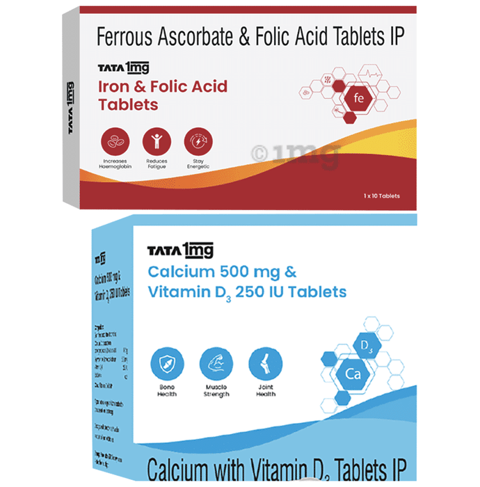 Combo Pack of Tata 1mg Iron and Folic Acid Tablet (10) & Tata 1mg Calcium 500mg & Vitamin D3 250IU Tablet (15)