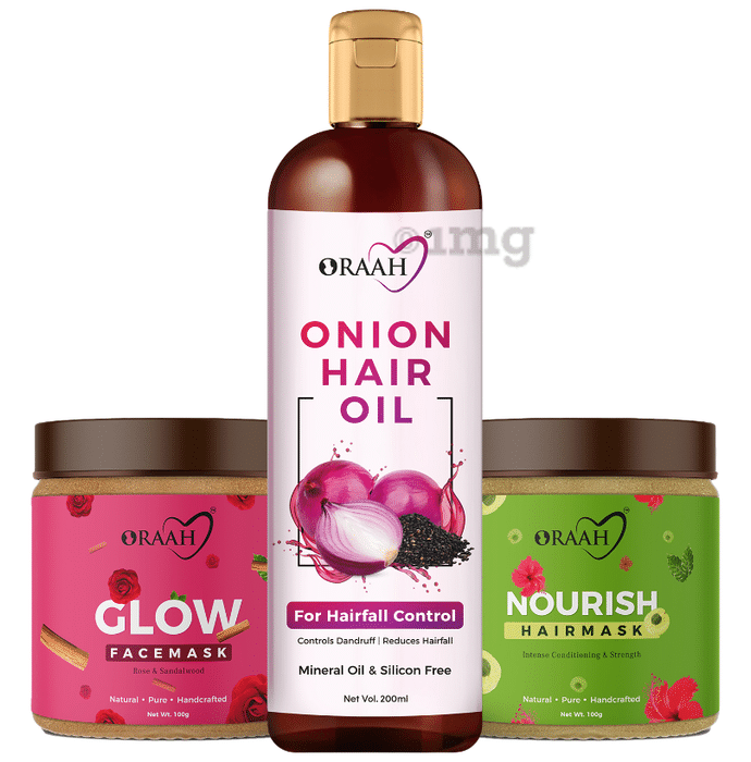 Oraah Combo Pack of Onion Hair Oil 200ml, Glow Face Mask 100gm and Nourish Hair Mask 100gm