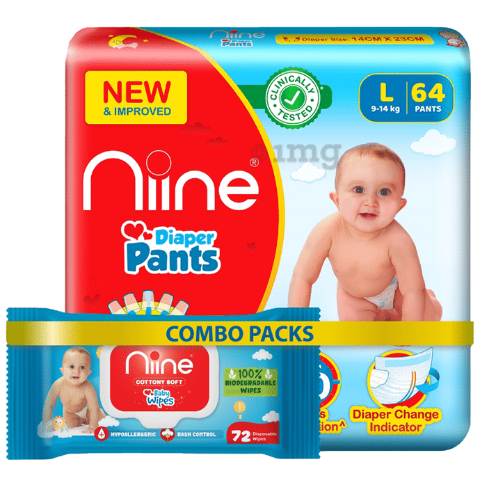 Niine Combo Pack of Baby Diaper Pants Large (64) & Baby Wipes (72)