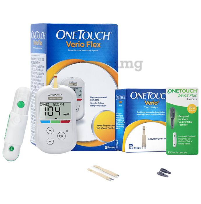 OneTouch Combo Pack of erio Flex Glucometer (Box of 10 Test strips Free), Verio Test Strip (Only Strips) & Delica Plus Lancets (Only Lancets) 30G
