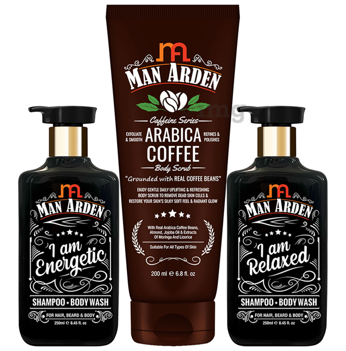 Man Arden Combo Pack of I Am Energetic Shampoo + Body Wash (250ml), Arabica Coffee Body Scrub (200ml) & I Am Relaxed Shampoo + Body Wash (250ml)