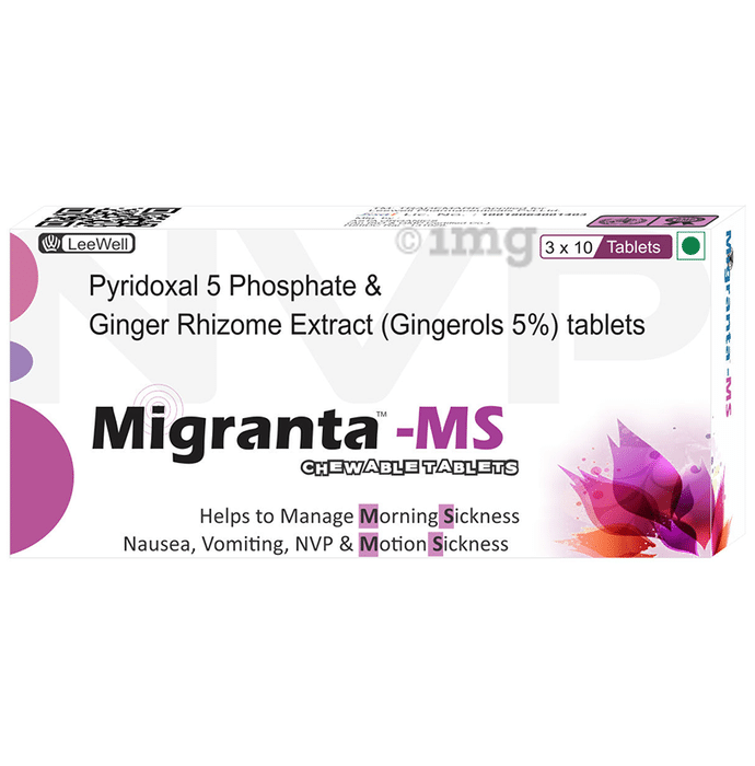 Migranta -Ms Ginger Chewable Tablet with Vitamin B6 for Morning Sickness, Nausea Vomiting , NVP Travel Motion Sickness