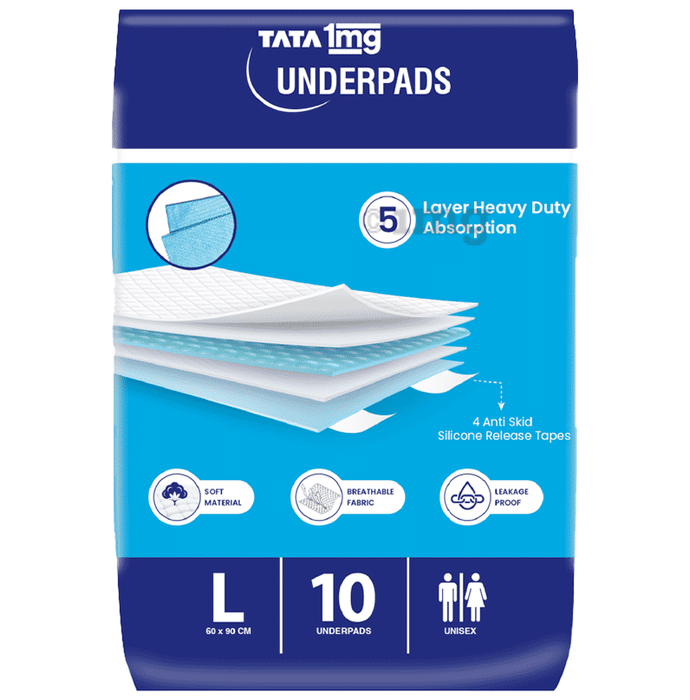 Tata 1mg Premium Underpads with 5 Layer Heavy Absorption, Super Soft & Breathable Fabric Large