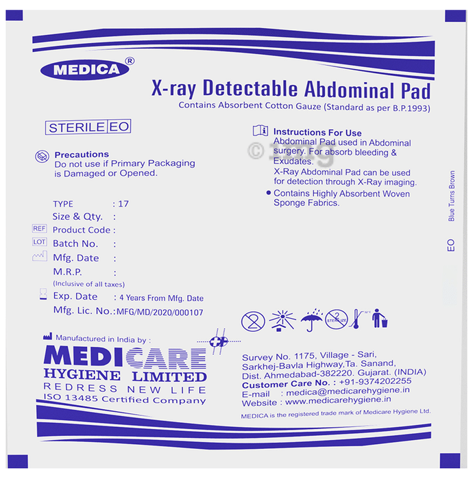 Medica X-Ray Detectable Abdominal Pad Sterile E/O 25cm X 40cm X 8 Ply